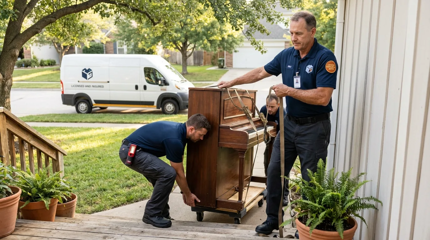 Licensed piano movers securing grand piano in Winona, MN