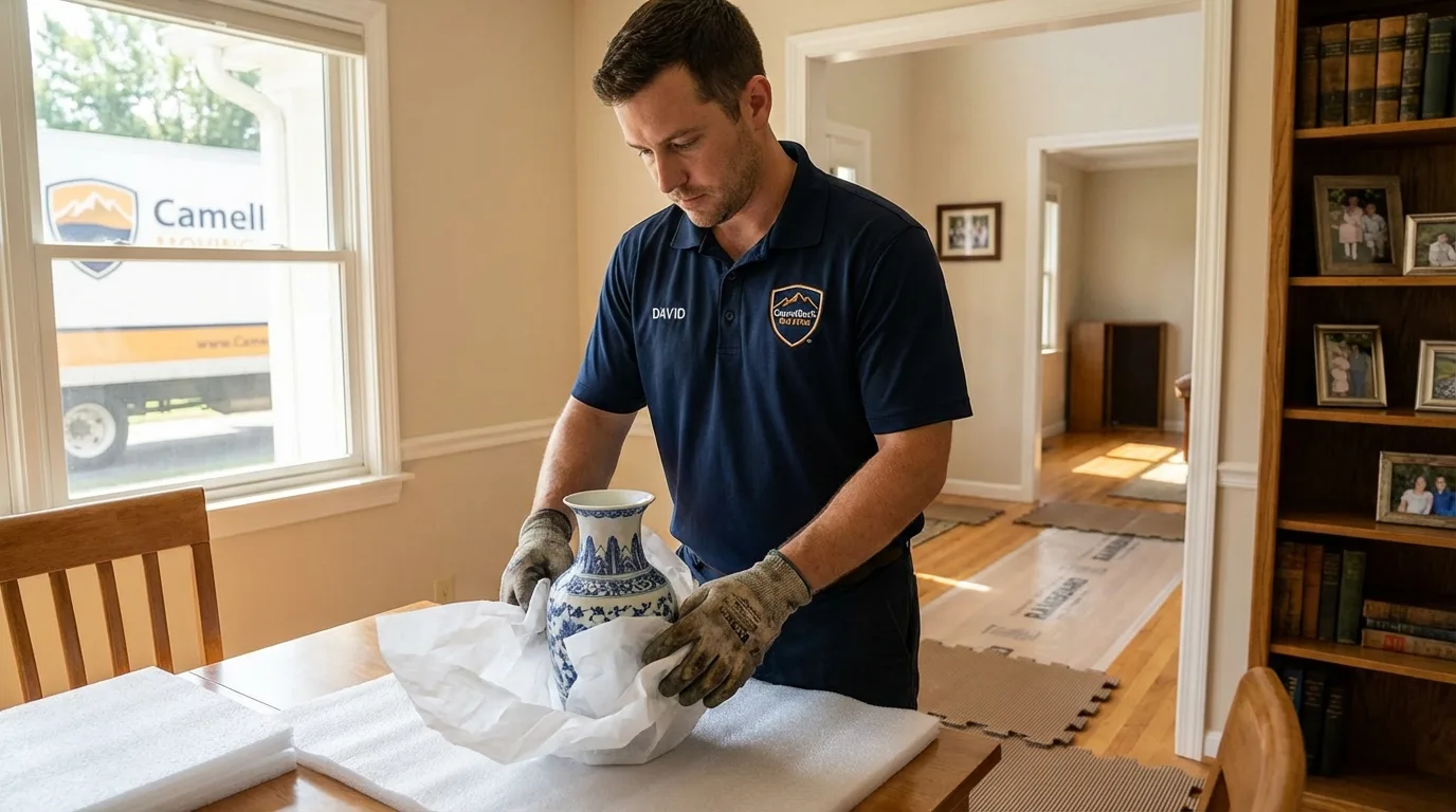 Professional crew carefully wrapping antique vase for senior downsizing move in Winona, MN